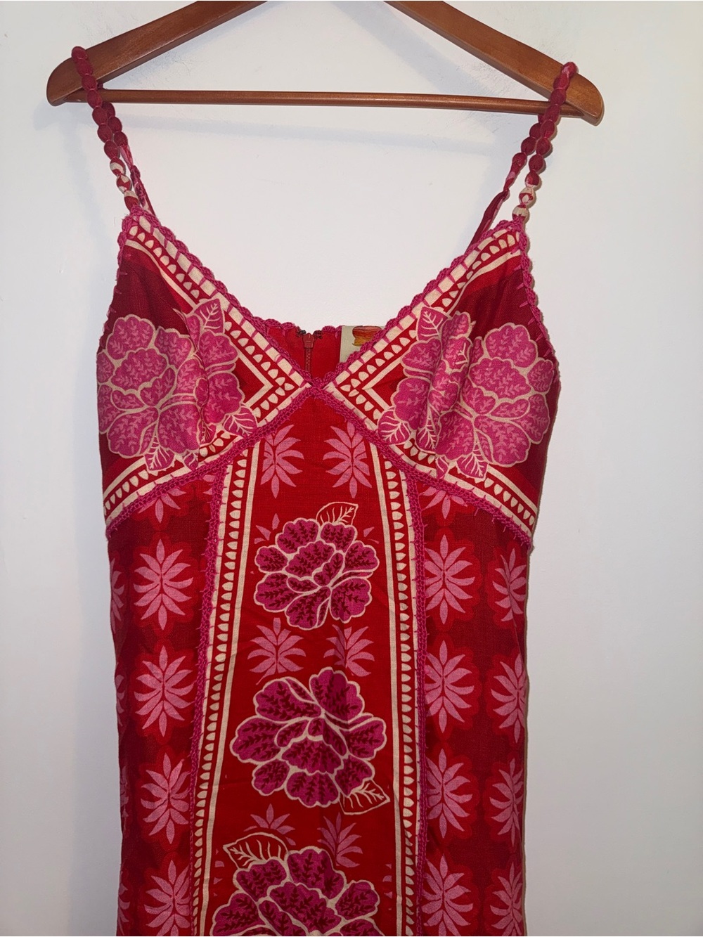 🌺 Farm Rio Summer Sunrise Embroidered Linen Maxi Dress Size Large Red Pink - Picture 9 of 16